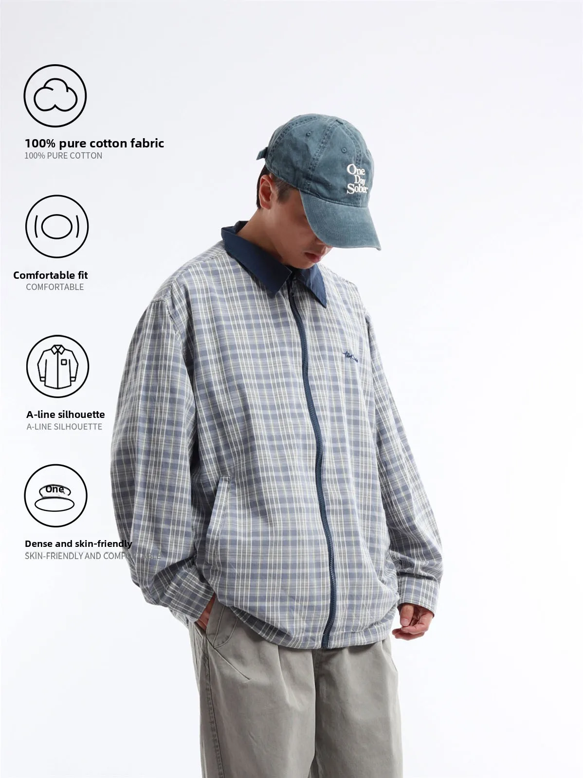 Retro Japanese Style Loose Fit Cotton Shirt Thin Blue Plaid Zipper Closure Drawstring Hem Men's Long Sleeve Short Length Yout...