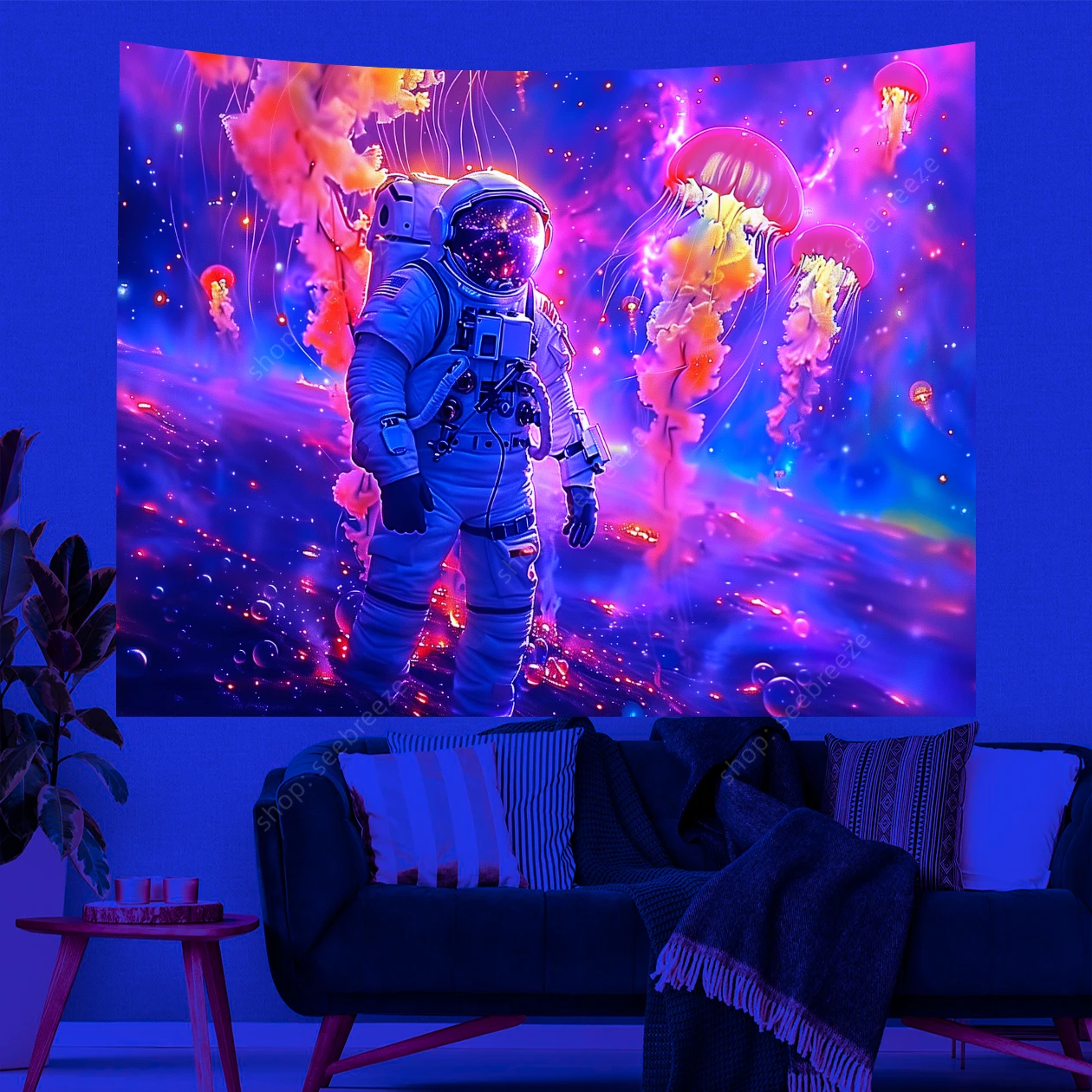 Astronaut Jellyfish UV Reactive Tapestry Bedroom Aesthetic Neon Space Galaxy Trippy Tapestry for Living Room Poster Party Decor