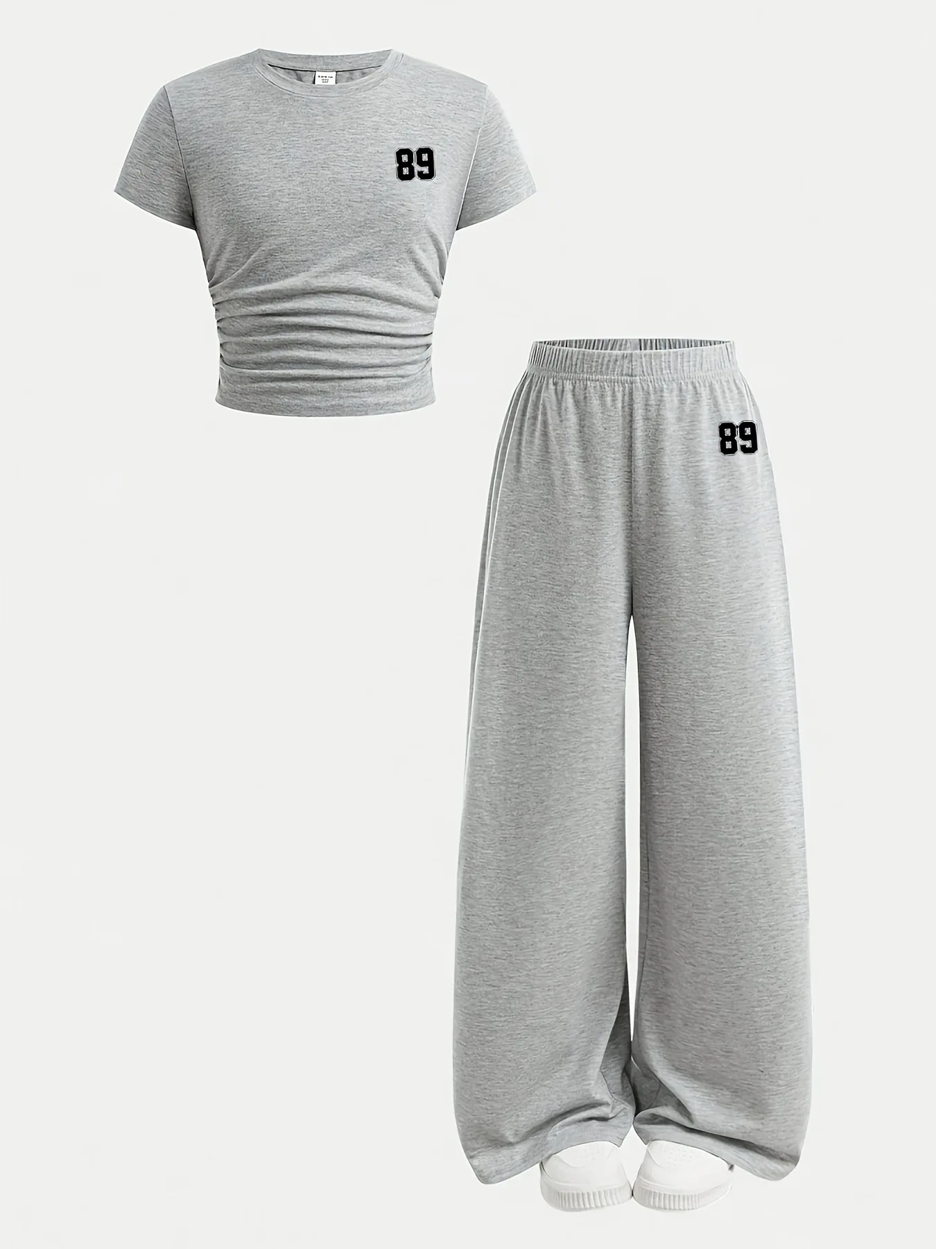 Trendy Girls 2Pcs Grey Co-ord, Minimalist 89 Logo Ruched Crop Tee & Loose Wide Leg Trousers for Street & Daily Wear
