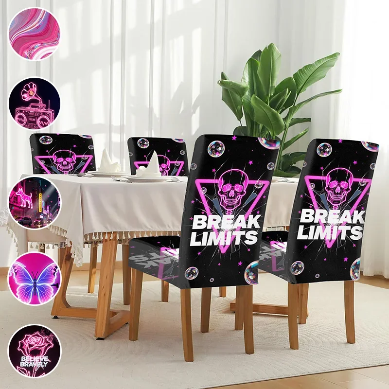 Elastic dining chair cover, removable and washable home decoration chair cover, pink neon personalized trend pattern