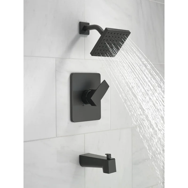 Delta Faucet Modern Raincan Square Single-Function Tub and Shower Trim Kit Black, Tub Faucet Set, Rainfall Shower Head Black