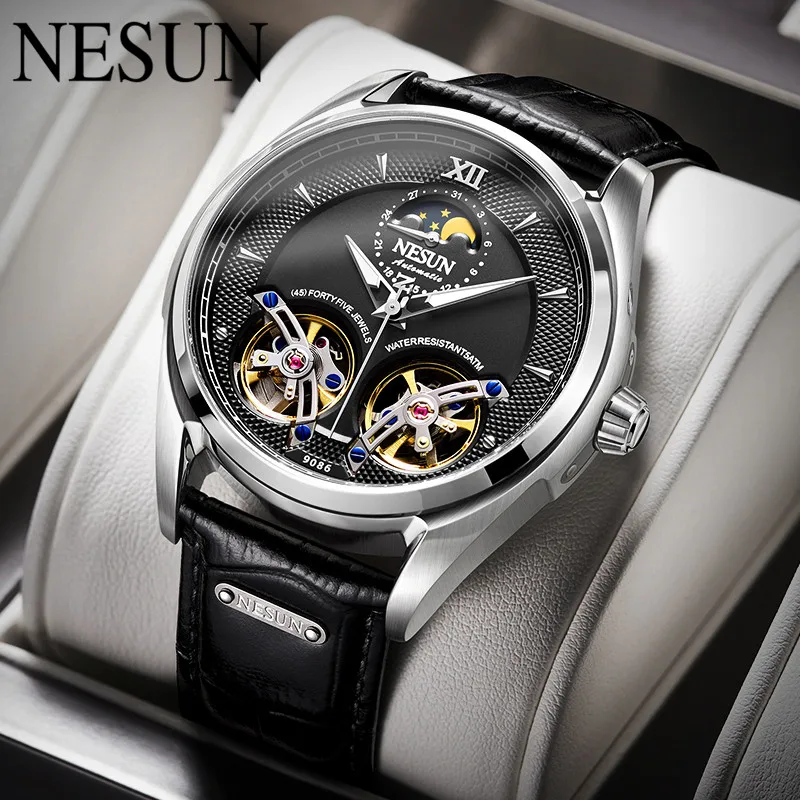 NESUN Official Men Double Flywheel Automatic Mechanical Wristwatch Sapphire Crystal Skeleton Stainless Steel Moon Phase Calendar