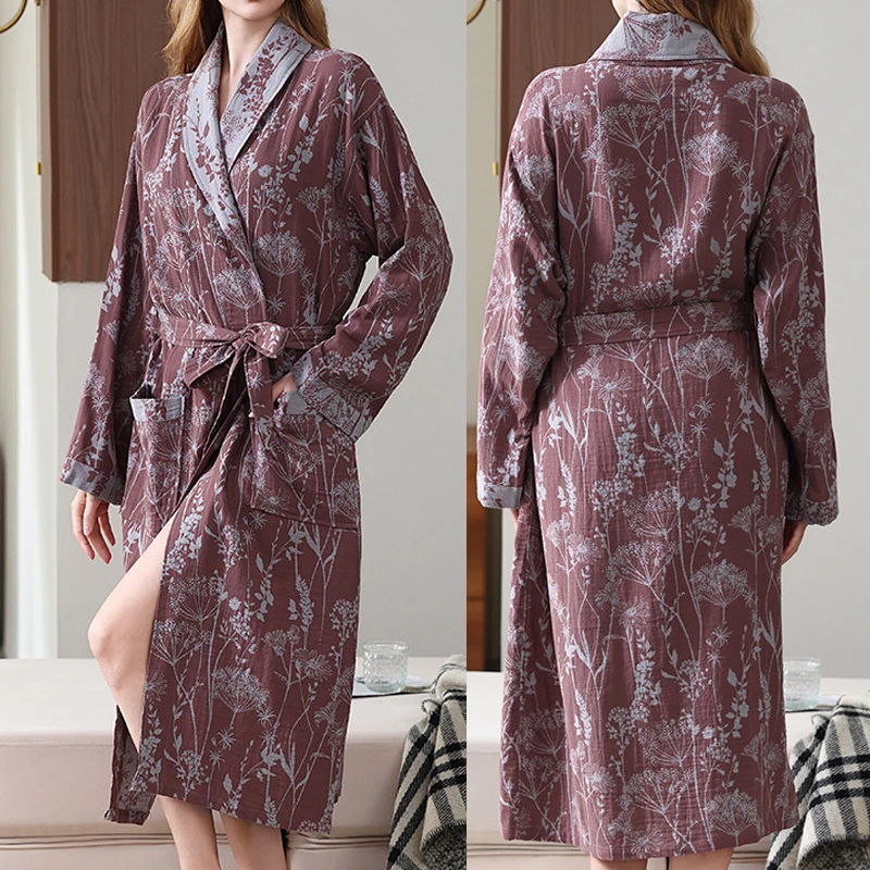 Flower Printed 100% Cotton 2 Layer Gauze Jacquard Bathrobe Men Women Spring Autumn New Water-absorbing Quick-drying Bathrobe
