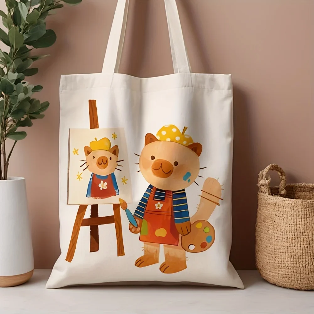 El bolso de mano de lona con illustrations de gato artistico es una bolsa de supermercado قابلة لإعادة الاستخدام