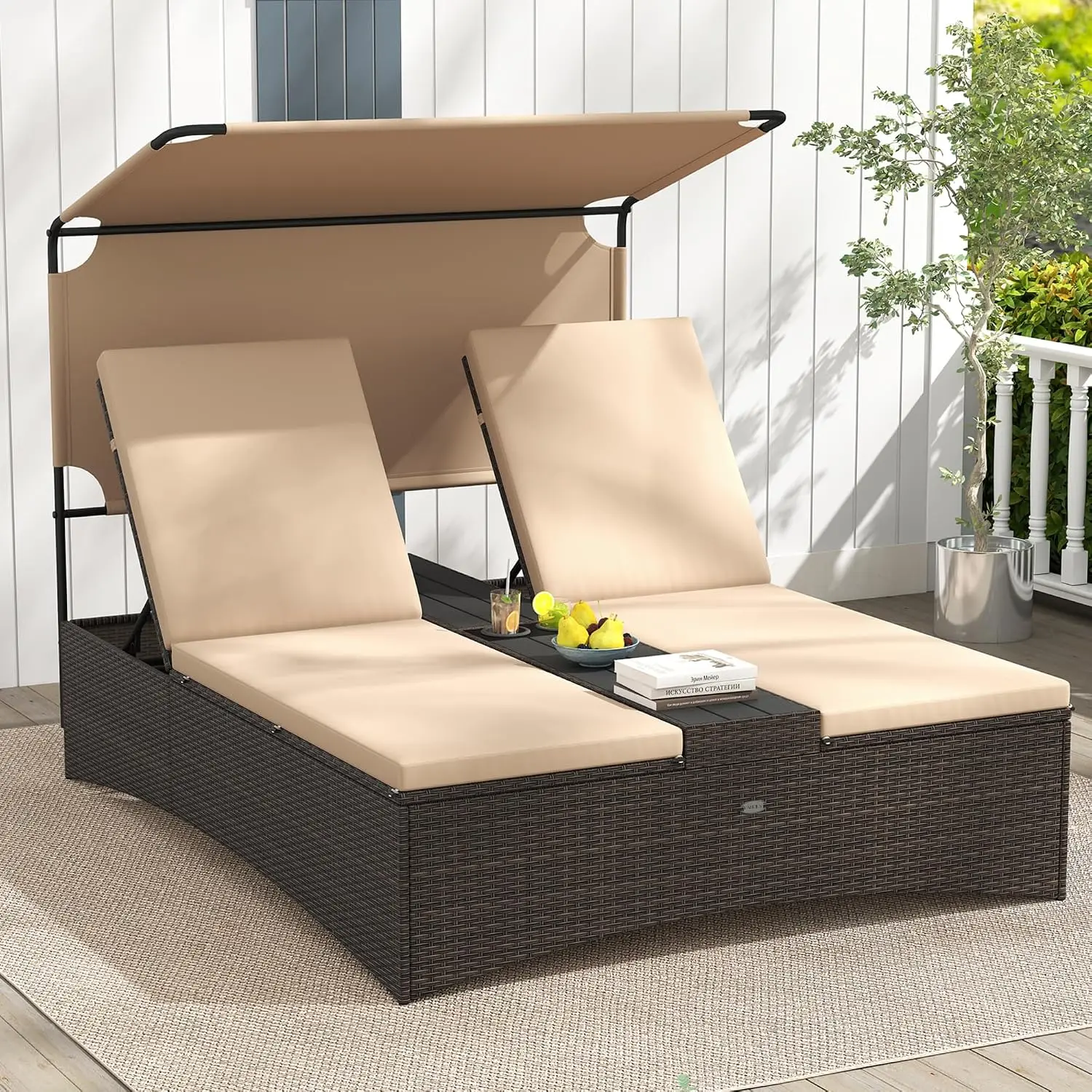 Outdoor Rattan Daybed with Canopy & 4-Level Adjustable Backrests, 2-Person Wicker Patio Day Bed with Cushions, Table & Cup Holde