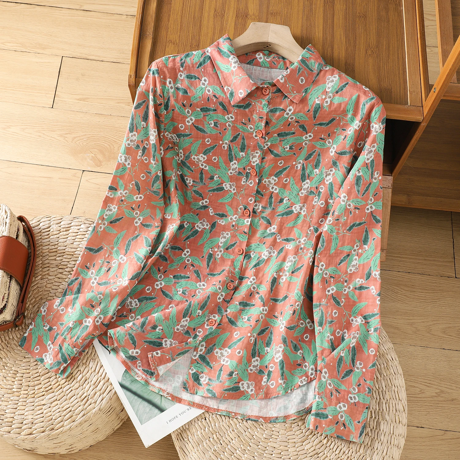

Elegant Floral Print Long Sleeve Women's Shirt Linen Material Versatile Spring Autumn Top High Quality Anti-Aging Large Size