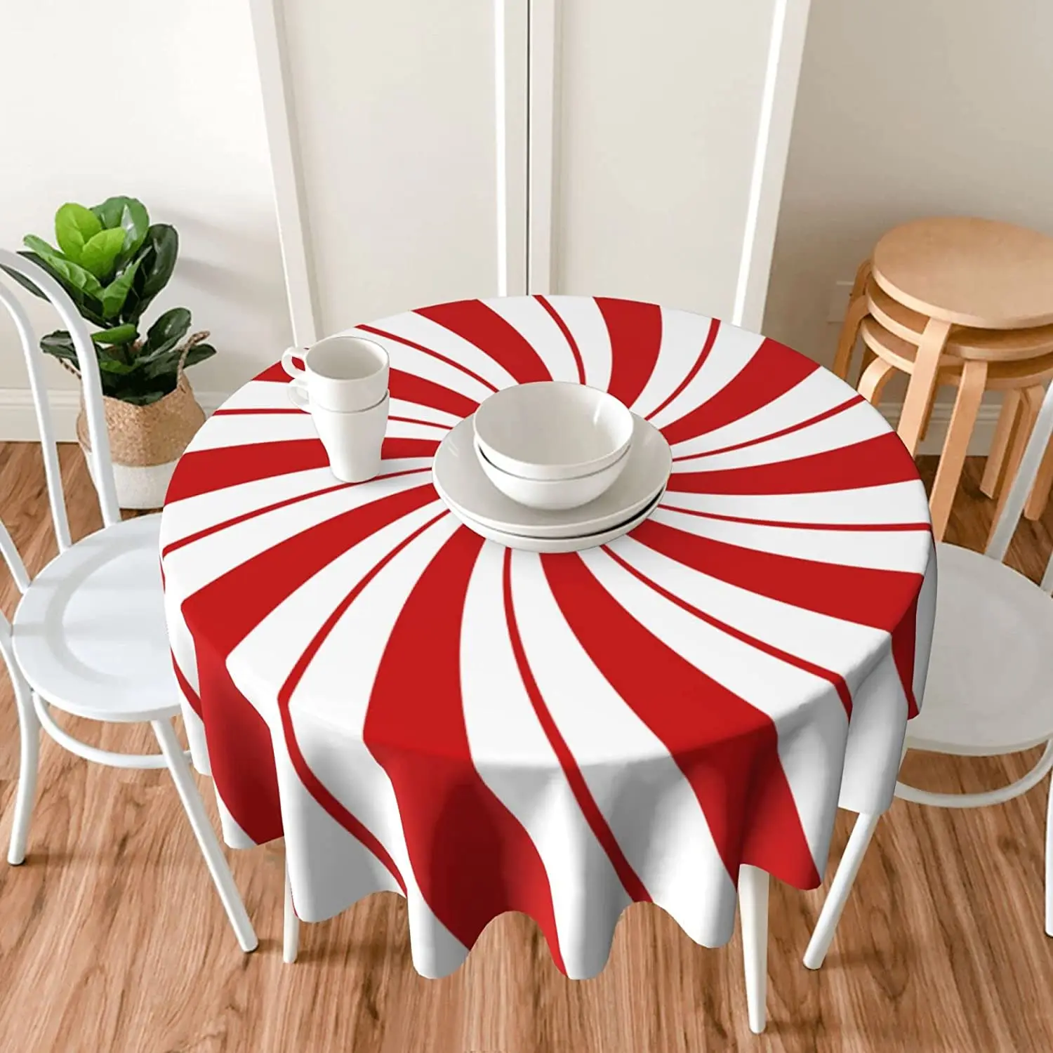 Mint Sugar Double Swirl Candy Traditional Round Tablecloth 60 Inch Reusable Wipeable Waterproof Table Cloth for Party Decoration