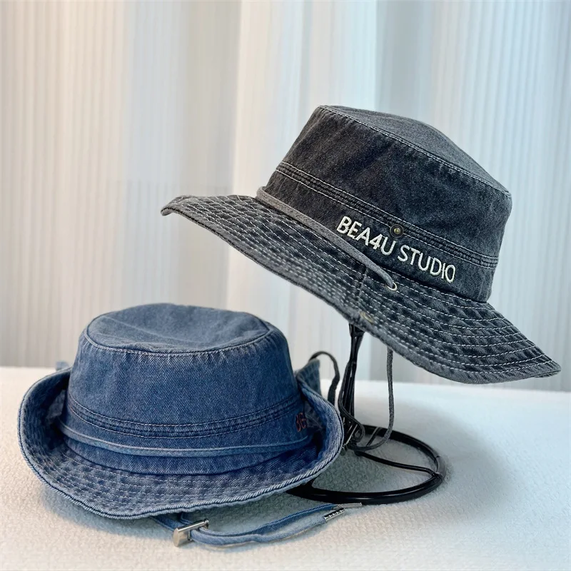 Unisex Denin Fishing Hat With String Versatile Sun Hat Wide Brim Western Cowboy Hiking Bucket Hat Panama Hat Jean Fisherman Hat