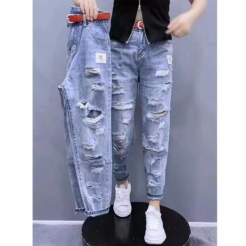 

Spring Summer Korean Wild Hole Jeans Women New High Waist Straight Leg Chic Loose Denim Pants BF Friend Casual Ankle-Length Pant