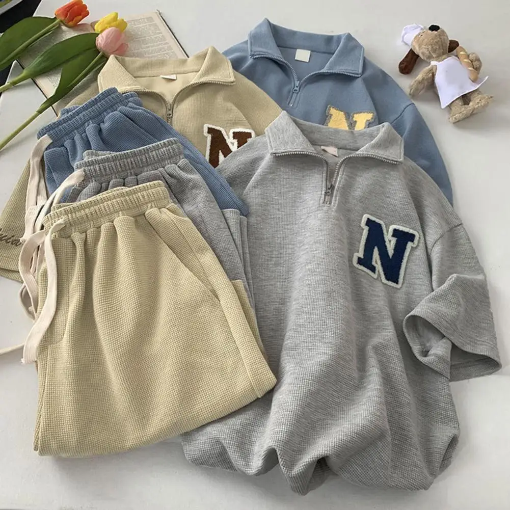 2Pcs/Set women T-shirt Shorts Set Lapel Zipper Neckline Sportswear Letter Print Waffle Texture T-shirt Wide Leg Shorts Set