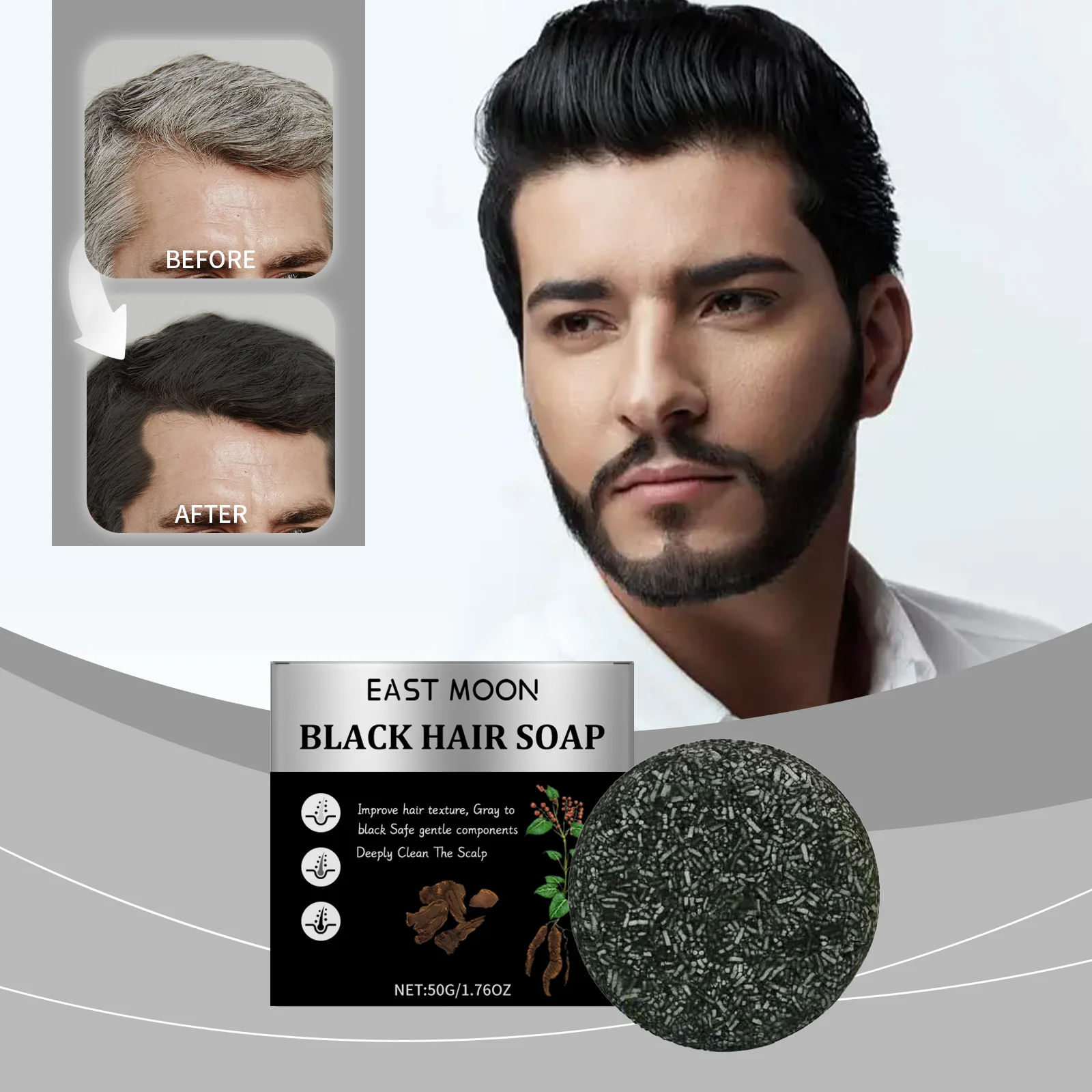 

Men's Charcoal Black Hair Soap Bar - Prevents Gray Hair, Deep Cleansing Scalp Care, Strengthens Roots & Nourishes