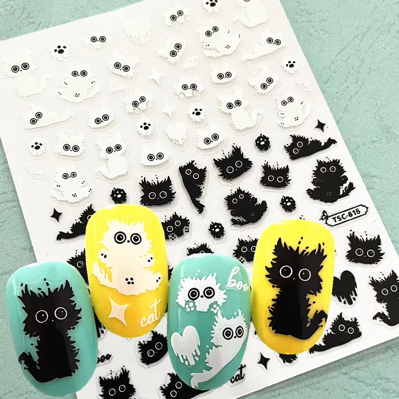 Newest Black White Cats Design Self Adhesive 3D Decal Slider DIY Decoration Tools Nail Stickers TSC 615