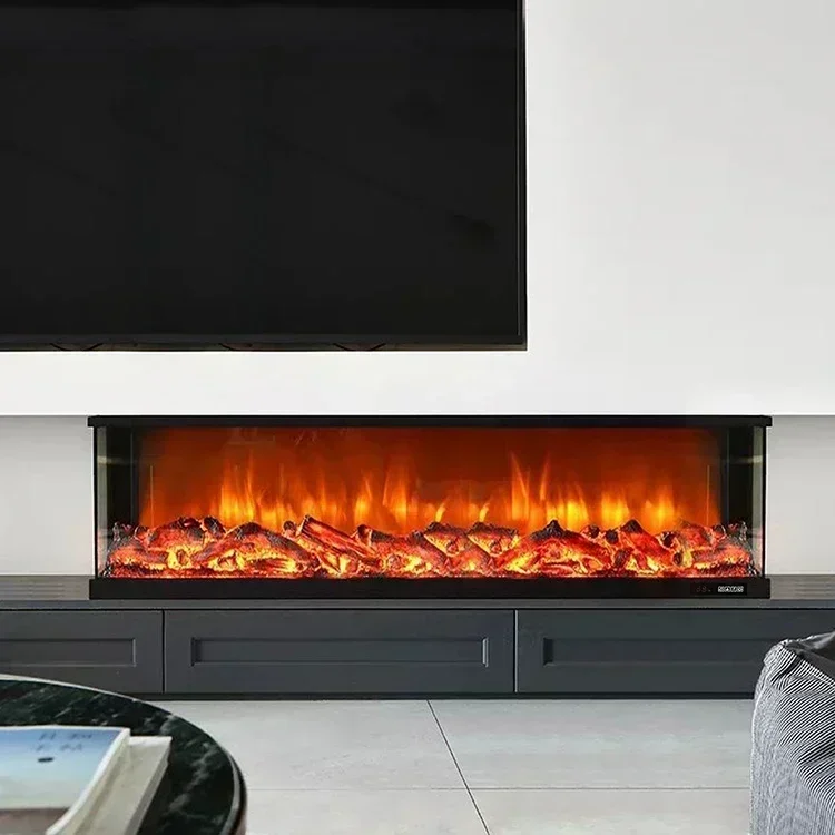 Indoor Modern Home Surround 3-Sided Glass 150CM/60 Inch Stoves with Most Realistic Natural Decor Fire Digital Electric Fireplace