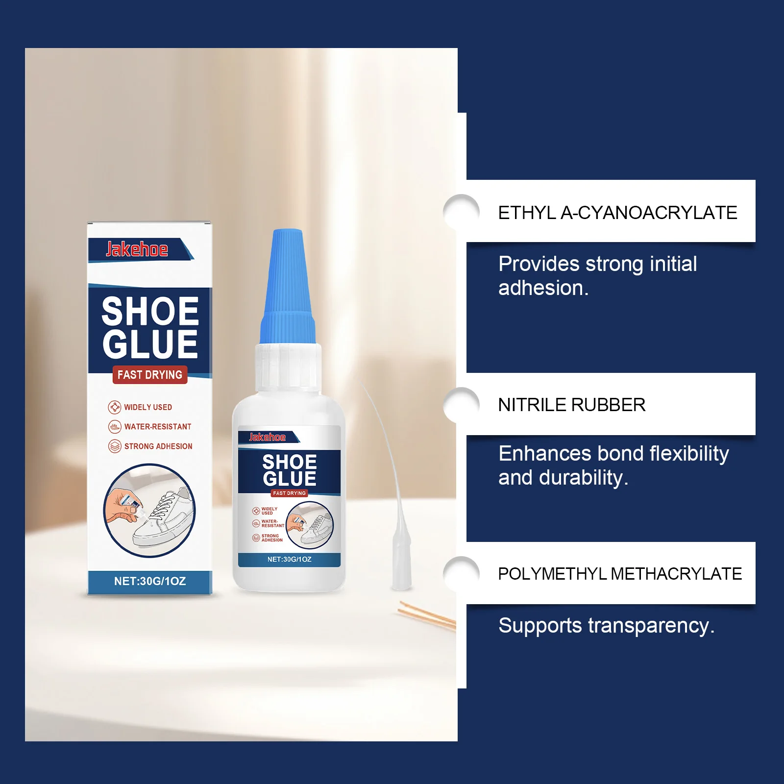 JAKEHOE Shoe Repair Glue Strong Adhesion 24H Quick-drying Adhesive Natural-looking Repair Effect Waterproof Moisture-resistant
