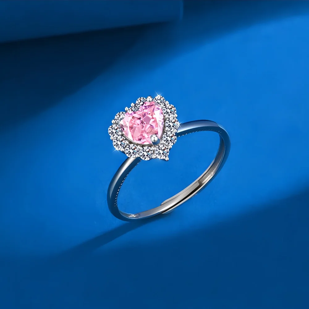 

S925 Sterling Silver Heart-shaped Temperament Zircon Adjustable Ring Girls Pink Heart Rings