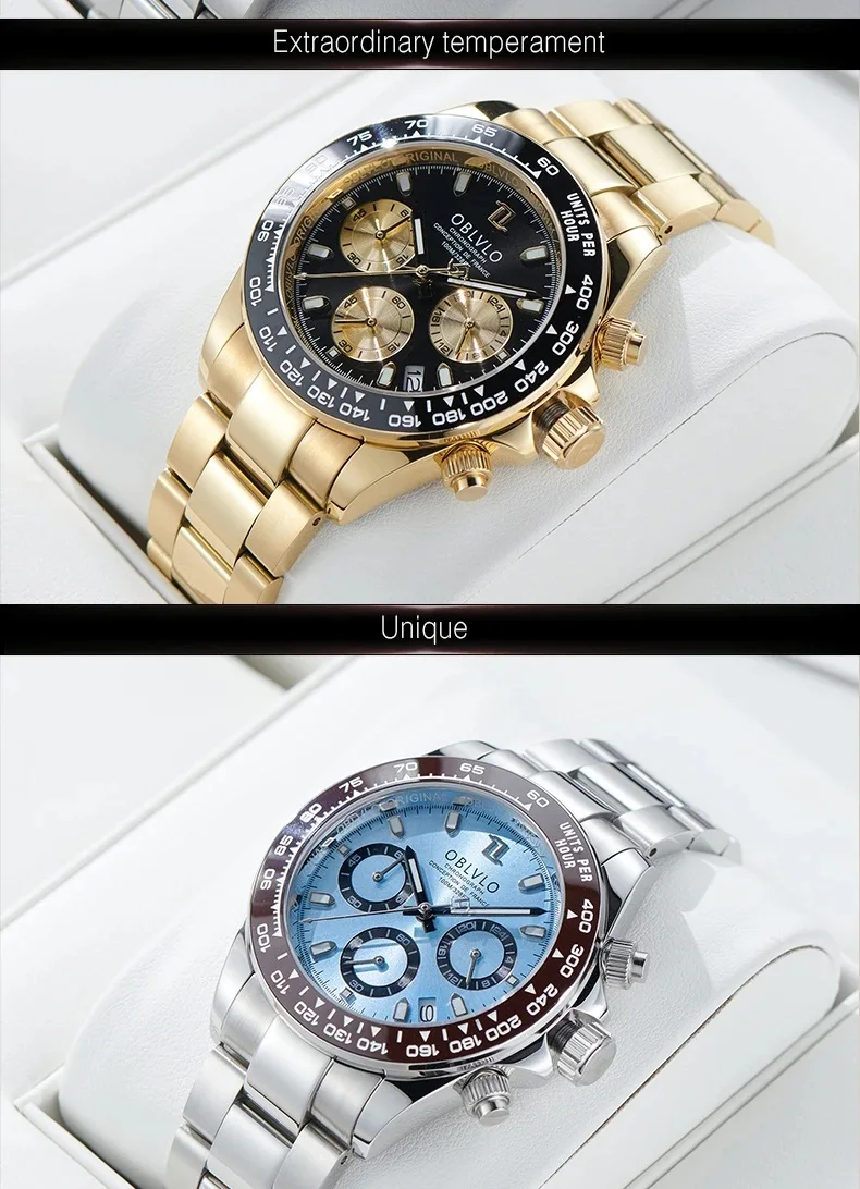 OBLVLO ساعة كرونوغراف للرجال 40 ملم ساعة يد كوارتز عتيقة 50 متر مقاومة للماء ياقوت مضيئة نوافذ ثلاثية #6