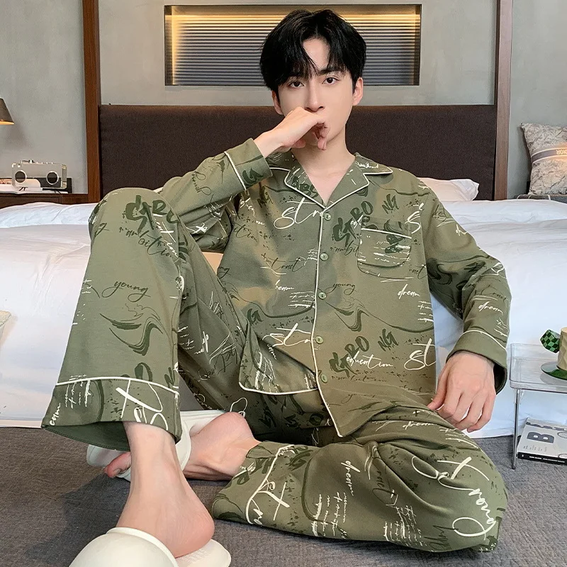 New Autumn Cardigan Man Pajamas Cotton Fashion Sleepwear for Men 3XL Leisure Casual Nightwear Pijamas Set pyjama homme Dropship