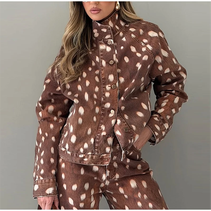 Langärmlige Jeansjacken mit Hirschmuster, gewaschen, für Damen, Streetwear, Stehkragen, einreihig, mit Einsätzen, locker geschnitten, Herbst, neue Oberbekleidung – Detail 4