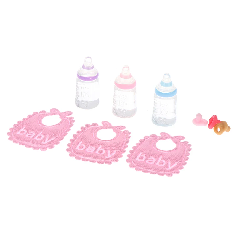 1 Set 1:12 Dolls House Miniature Baby Bottles Pacifier Bibs Set Nursery Accessory Gift