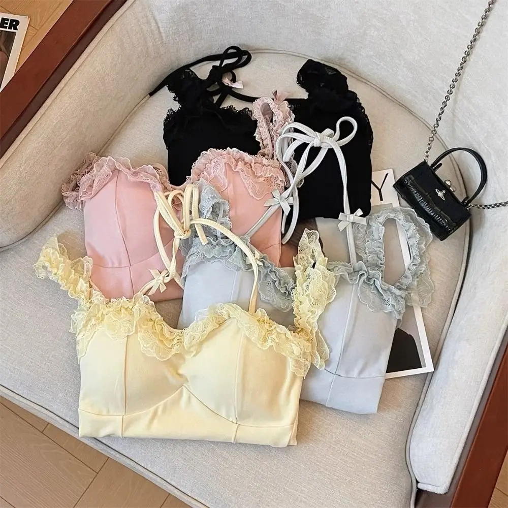 

Bow-knot Halter Camisole With Lace Trim Comfort Short Backless Top Summer With Chest Pad One Shoulder Halterneck Top for Women