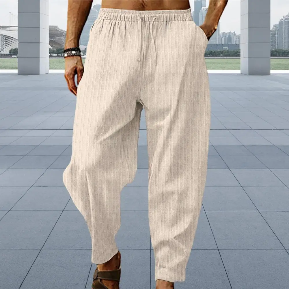 

Striped Texture Pants Men's Wide Leg Striped Sweatpants with Drawstring Elastic Waist Soft Breathable Sports Pants for Comfort