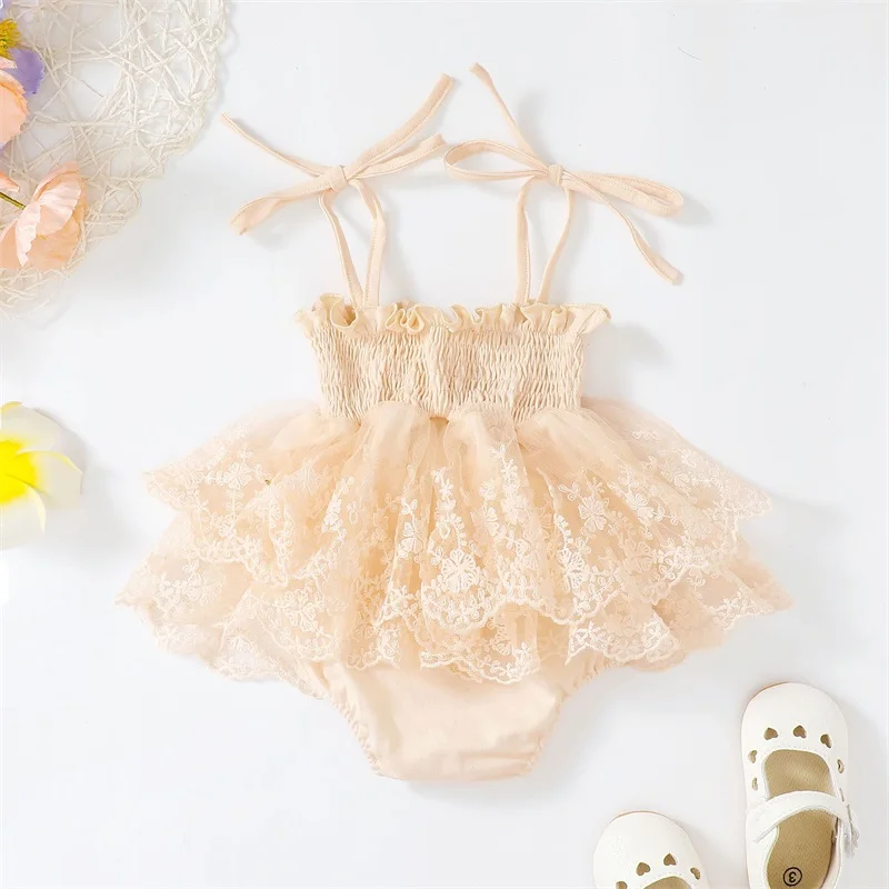 Sleeveless Floral Embroidered Baby Girl Romper with Elastic Leg and Tie Up Detail Layered Hem and Lace Trimmed Jumpsuit