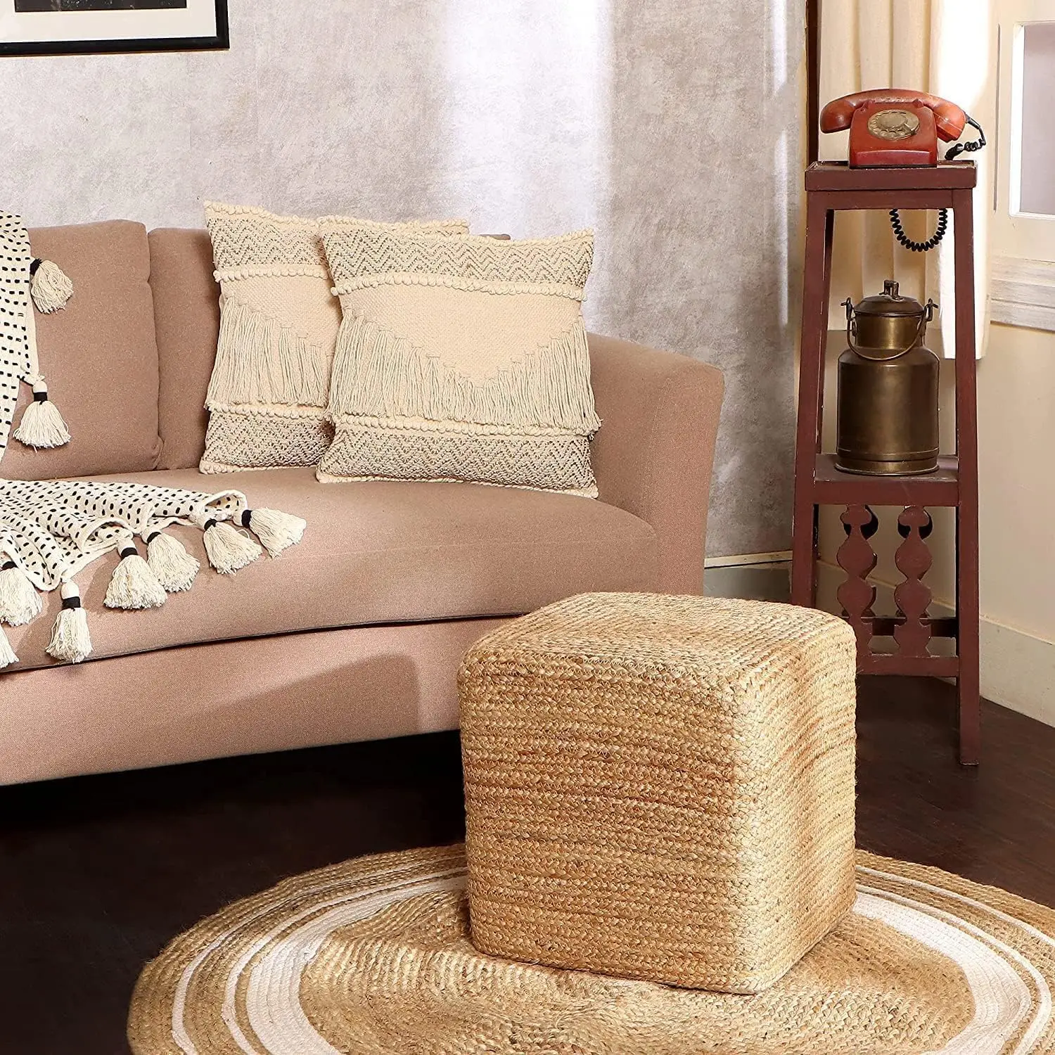 · Cube Pouf Foot Stool Ottoman - Jute Braided Pouffe Poof Accent Sitting - Set of 2 Footrest for The Living Room, Bedro