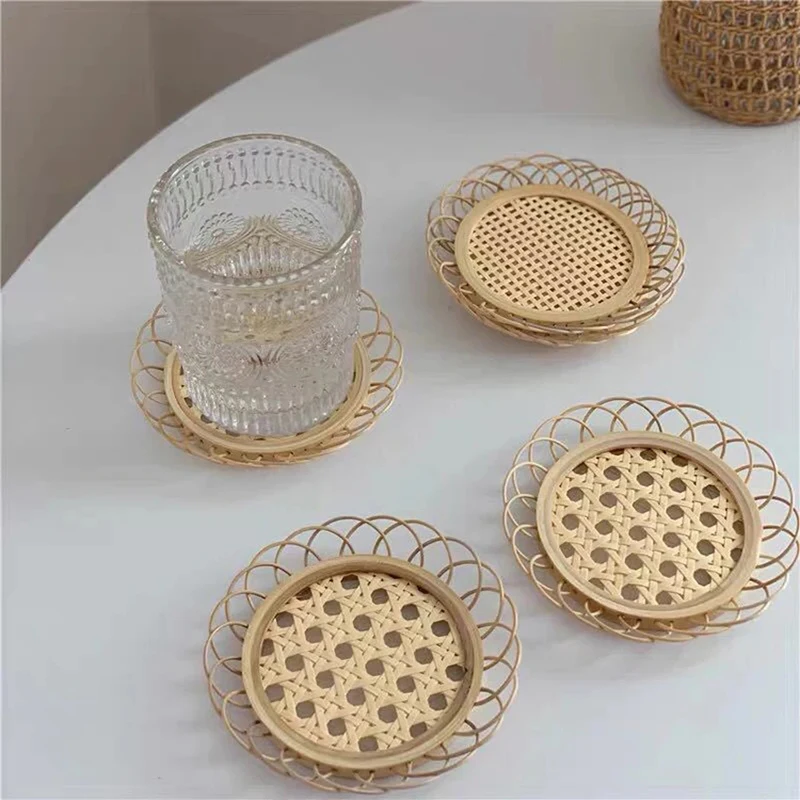 Bamboo Braided Drink Coaster Vintage Flower Shape Cup Holder Round Mats Small Storage Basket for Table Desk Decoration