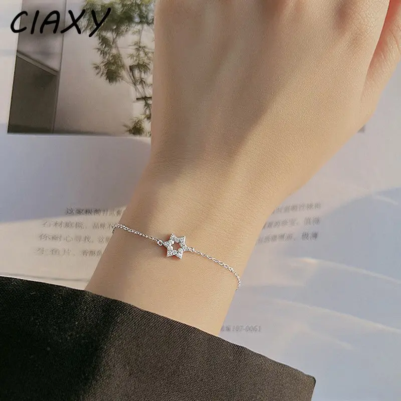 CIAXY Silver Color Six-pointed Star Bracelets for Women Geometry Hollowed Out Charm Bracelet Adjustable Jewelry Gift