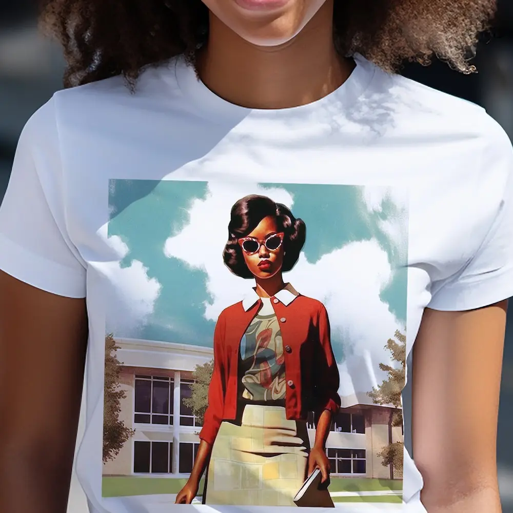 T-shirt preta vintage afro-americana, estilo old school, adulto afrocêntrico, moda feminina, anos 1950, anos 60