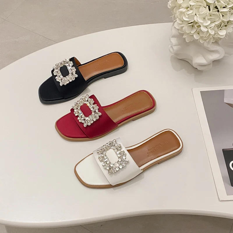 

Women's Plus Size Flat Rhinestone Square Buckle Slippers, Shiny Diamond Open Toe Soft Sole One-Strap Beach Slides