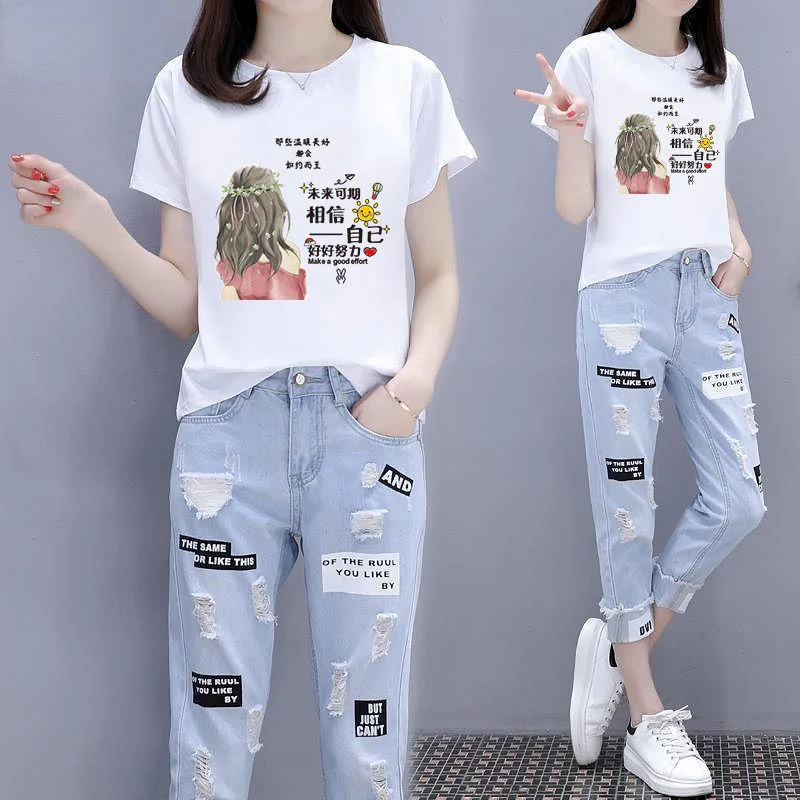 Women's Suit Fashion Short Sleeved T-shirt Top And Pierced Ankle-Length Jeans Pants Two Piece Set Female Student 2023 Summer New