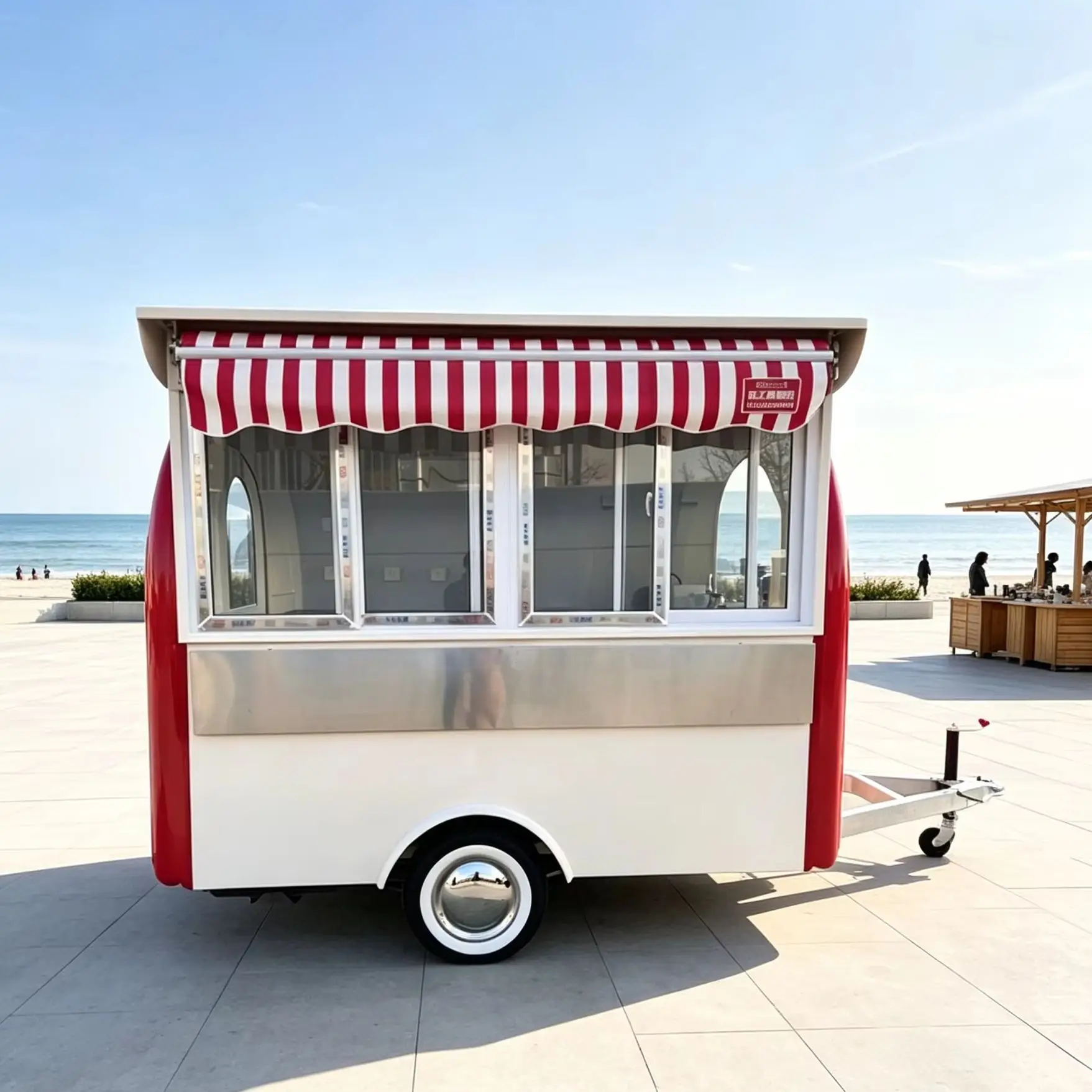 Single Axle Red White Mobile Food Trailer With Striped Awning Outdoor Street Snack Ice Cream Vending Cart