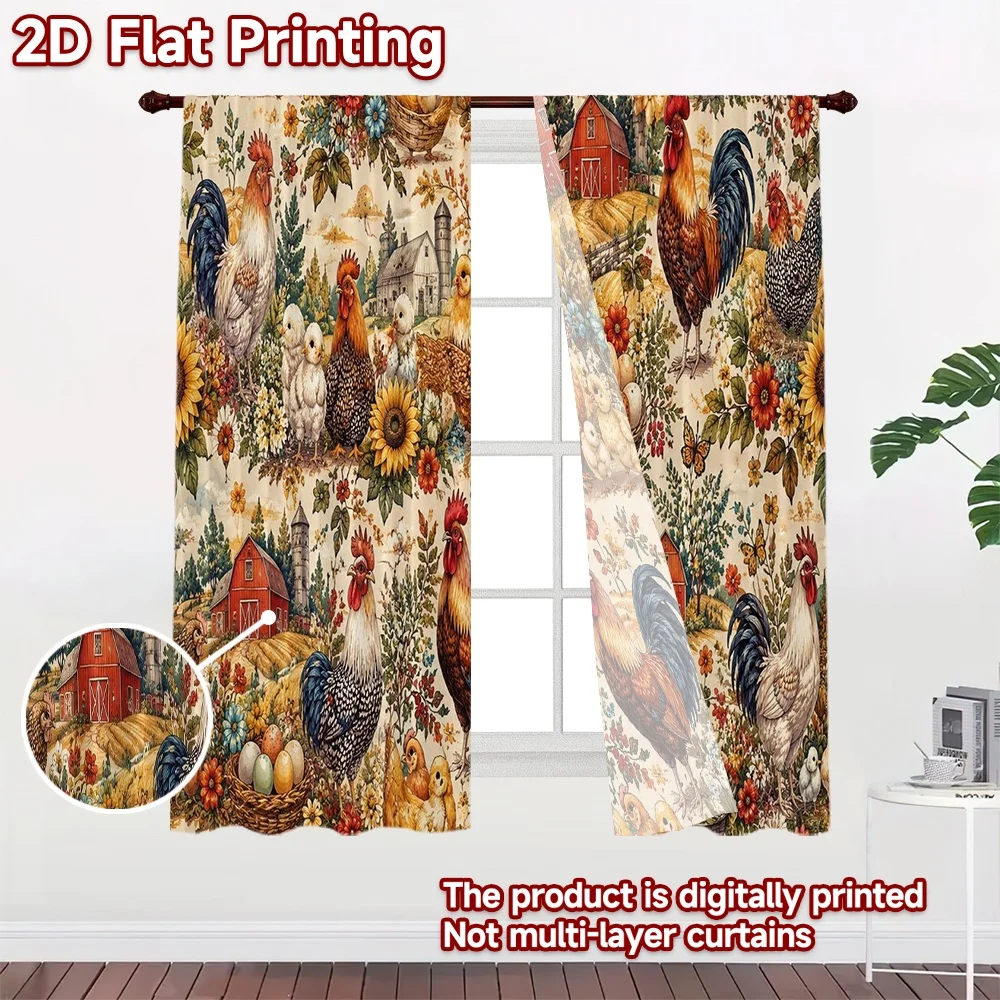 2D FLAT PRINTING 2pcs Curtains (Without Rod) Farm Roosters and Flowers Chic Chic Curtain Versatile Polyester Fabric Curtains
