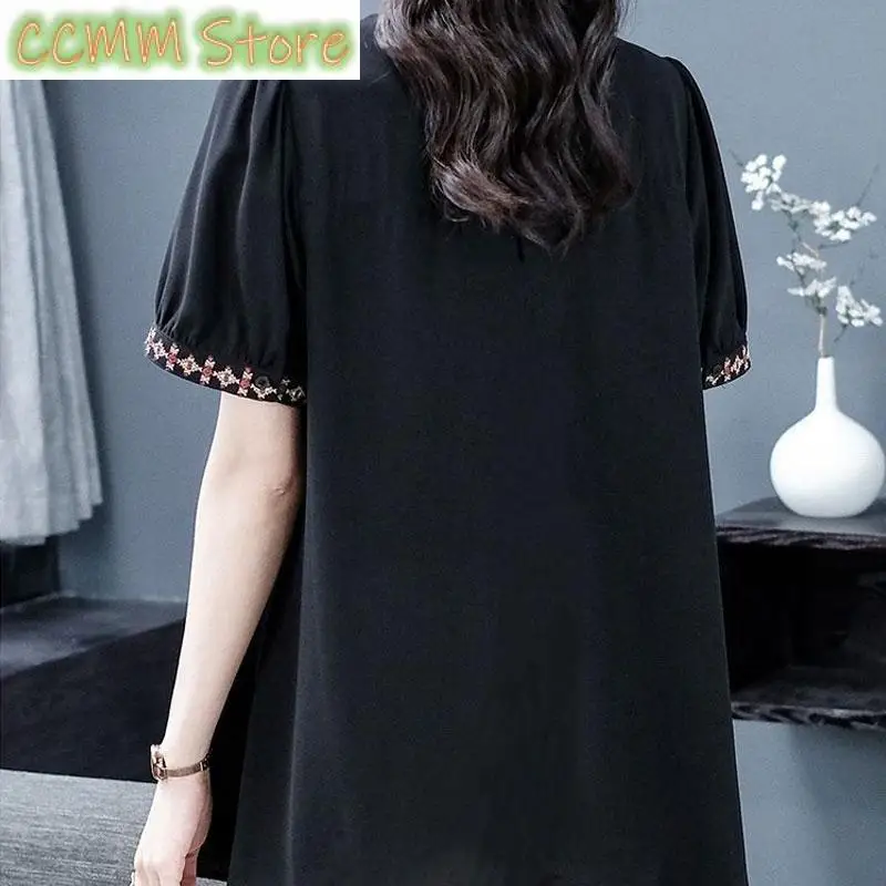 Zomer dun folk borduurwerk T-shirt Vintage elegante V-hals dameskleding korte mouw Basic losse stijlvolle gesplitste truien