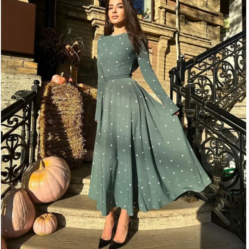 

Women Dress Long Dresses A Line Print Dot Round Neck Full Sleeve Tight High Waist Temperament Lace Up Elegant Splice Vestidos