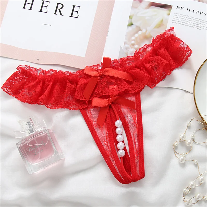 Women Sexy Panties Girl Gauze Bowknot Beads Lace Lingerie Underwear Low Waist Pearls Underpants Female Thongs Briefs Temptation