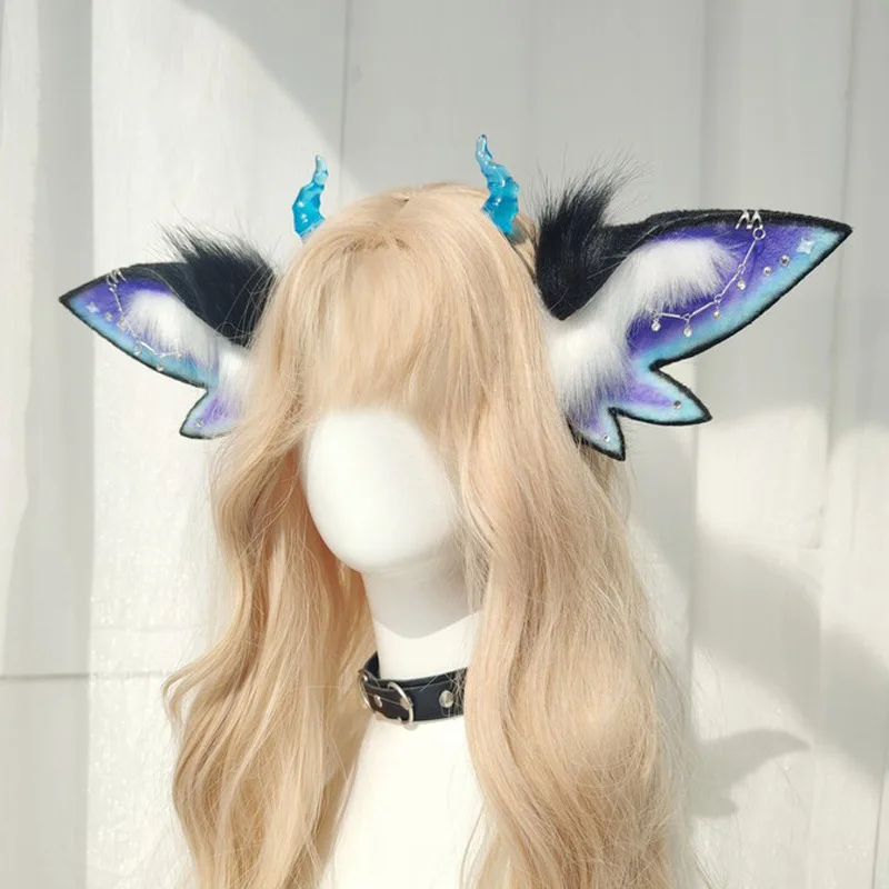 Demon Elf Headband Fursuit Costume Exaggerated Butterfly Fantasy Beast Ear Fur Hairband Girl Comic Show Halloween Cosplay Props