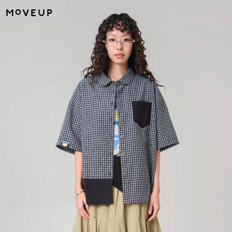 MOVEUP Short Sleeved Casual Shirt 2026 Summer New Pocket Contrast Color Plaid Splicing Casual Commuting Women's Shirt 3ELX20436