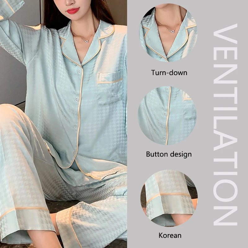 Fall Winter Casual Plaid Nightwear Women Patterned Silk Sleepwear Long-Sleeved Loose Home Wear Large Size Sleepwear 2PCS/Set