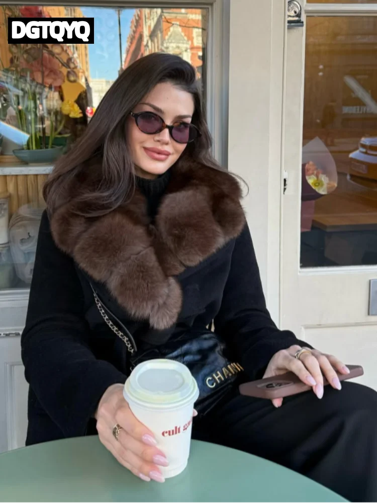 

Elegant Shawl Faux Fur Women Coat Lace Up Full Sleeve Belted Waist Lapel Woolen Female Jacket 2026 Autumn Winter Lady Outwears