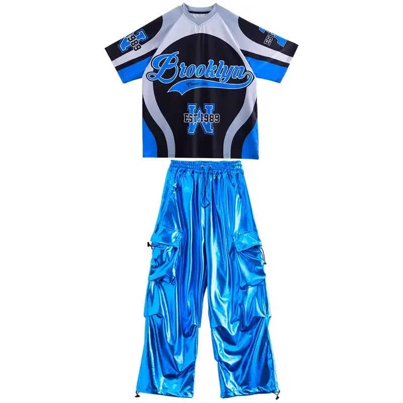 Kids Jazz Fashion Clothes Boys Girls Hip Hop Oversize Tops Pants Runways Show Outfit Cool Bright Blue Street Dance Costume image 5