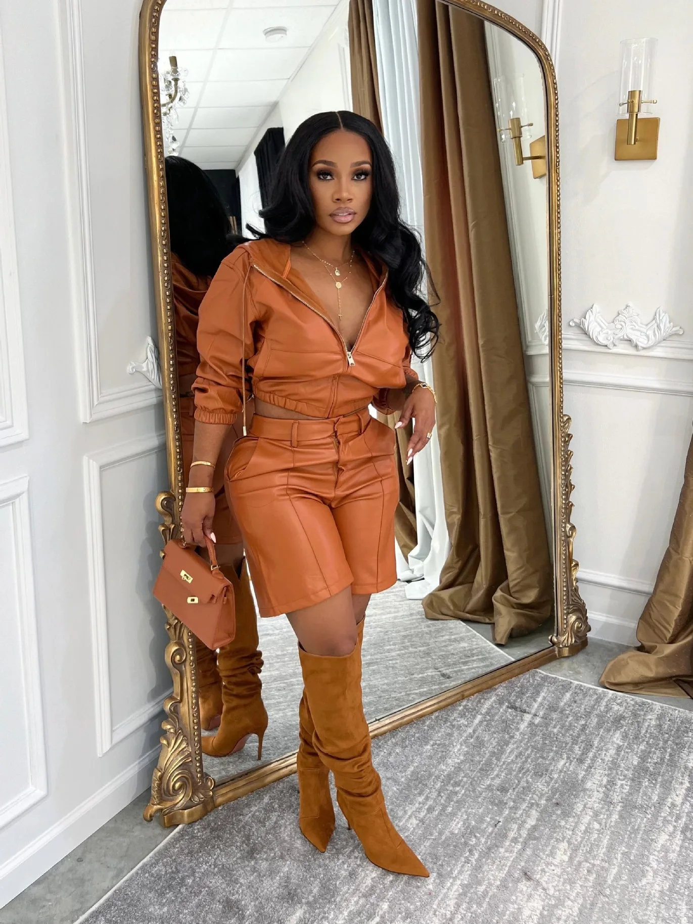 

Women Shorts Set Spring Fall Fashion Stretch Leather Zipper Hoodies Crop Jacket And Shorts Casual 2 Pieces Set Women Jacket Set