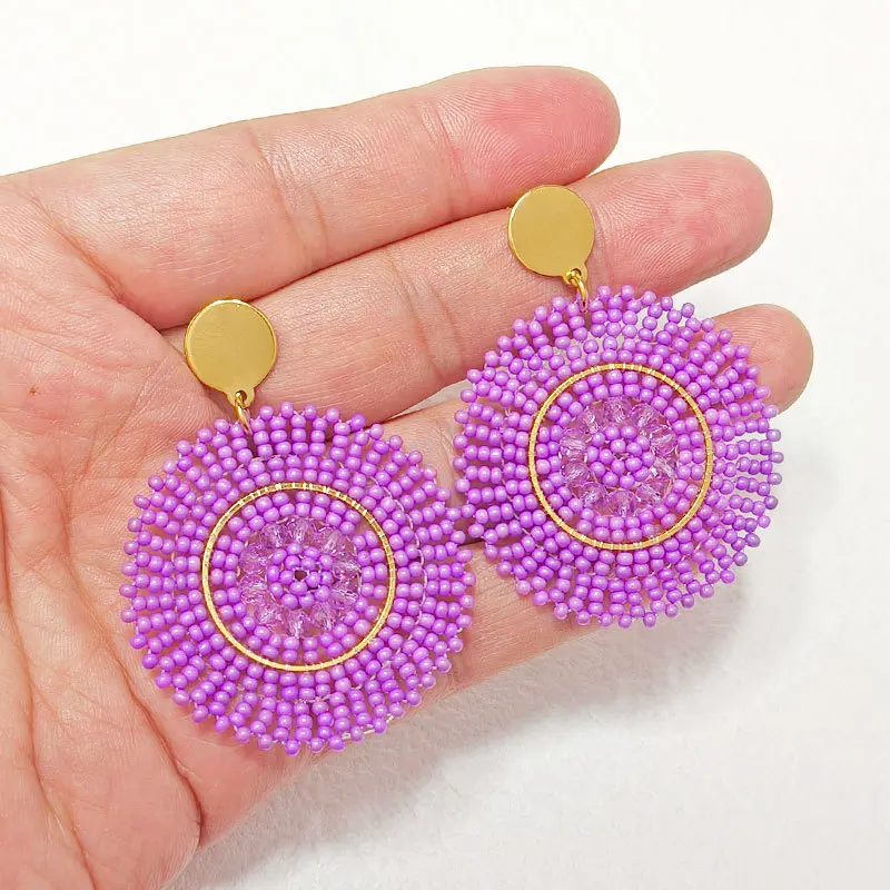 Rice bead earrings Crystal Roundness Purple. Geometry Originality Hand knitting Bohemia Alloy Fashion Simple Beaded earrings