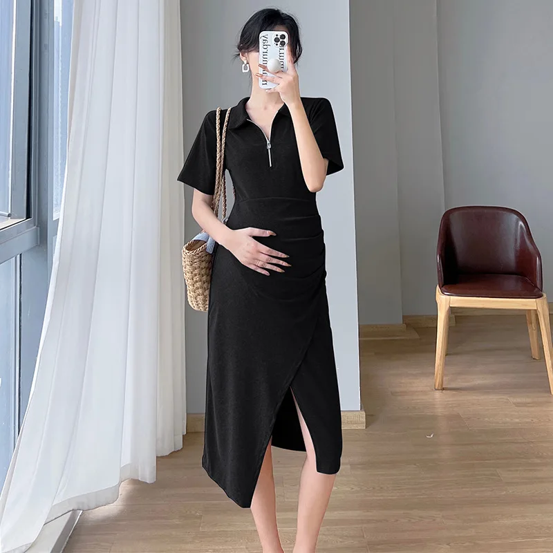 

Maternity Clothes Summer 2022 New Slit Long Skirt Polo Korean Style Black All-match Casual Soft Temperament Pregnancy Dresses