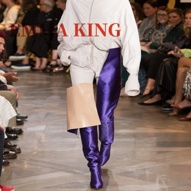 الخريف النساء الفخذ أحذية عالية الساتان الجلود الإفراط في الركبة التمهيد مثير أشار تو سحب على الشارع نمط أحذية نسائية حجم كبير 44 #6