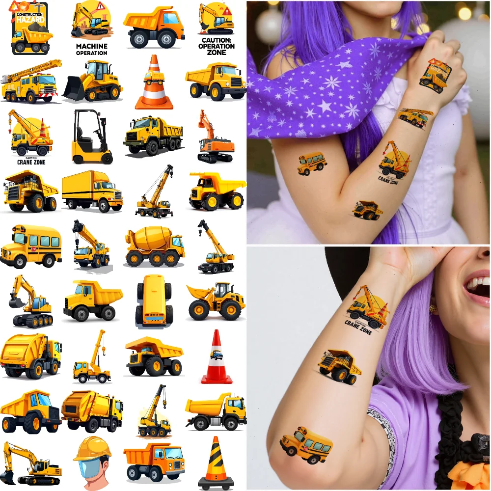 Excavatrices de tatouage temporaire, 63 pièces, chapeaux rigides de dessin animé, véhicules de Construction, autocollants de tatouage temporaire, grues pour joues