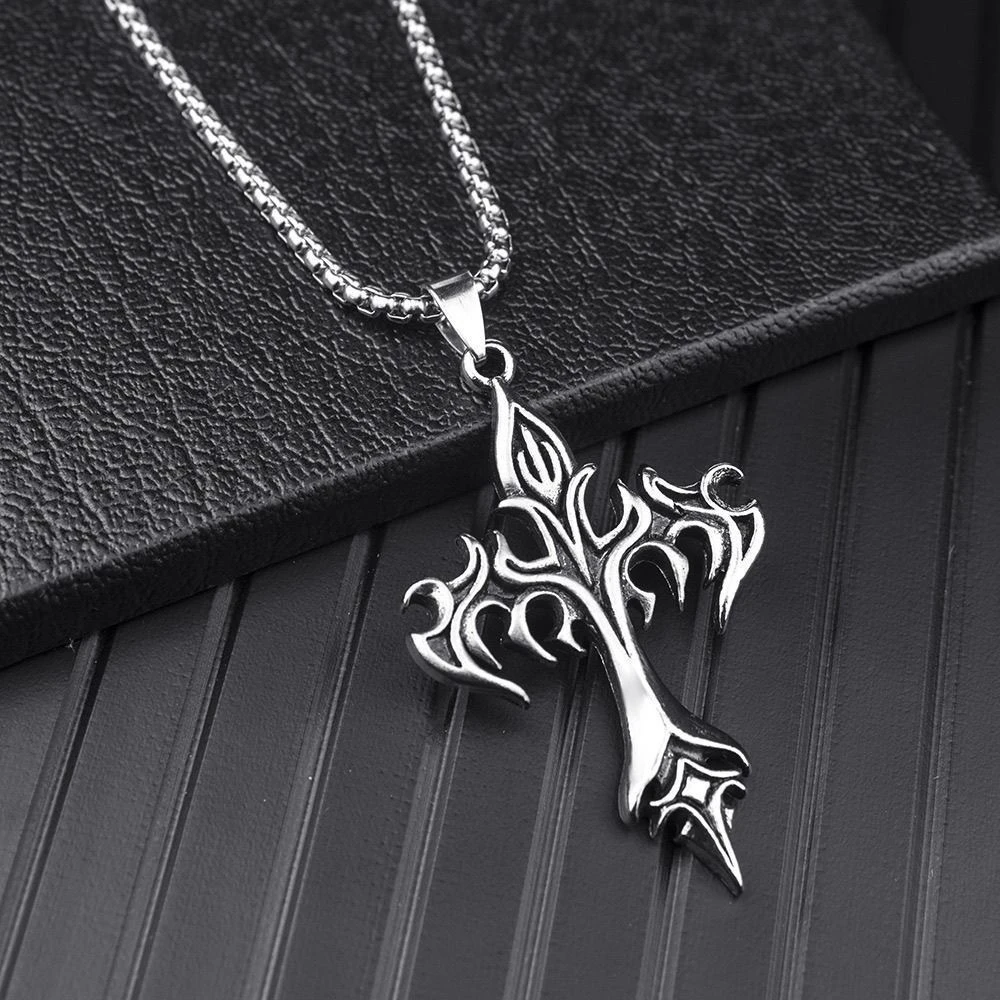 Stainless Steel Necklace Flame Retro Cross Titanium Steel Casting Men women Pendant Necklace Sweater chain decoration chain