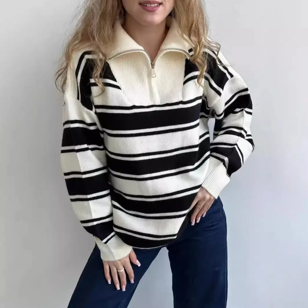 Europe and America Half Zip Lapel Stripe Pullover Sweater, Autumn and Winter New Spell Color Stripe Long-sleeve Sweater Women