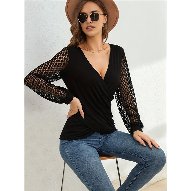 NEW-Long Sleeve Shirts For Women V Neck Lace Tops Dressy Business Casual Blouses Wrap Tops Work Shirt